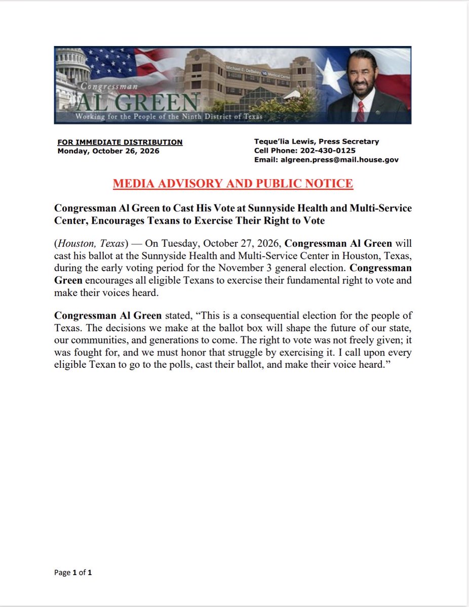 A one-page press release from Congressman Al Green, with a banner featuring his portrait, the U.S. Capitol, a hospital building, and American and Texas flags. The document announces his planned early-voting visit and encourages Texans to vote. It contains substantial text.