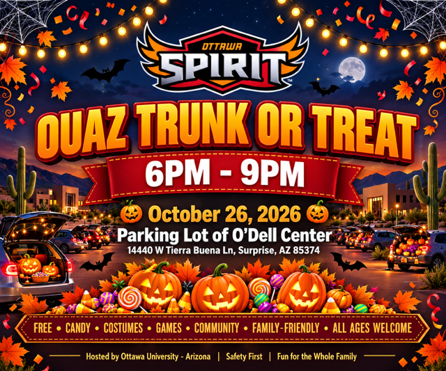 OUAZSpirit's tweet photo. 🎃 Trunk or Treat is TONIGHT! 🎃

Join us from 6-9 PM in the O'Dell Center Parking Lot for free candy, costumes, games, and family-friendly fun for all ages!

📍 14440 W Tierra Buena Ln, Surprise, AZ 85374

🍬 See you there! 👻

#WeAreOUAZ https://t.co/29p88mbe84