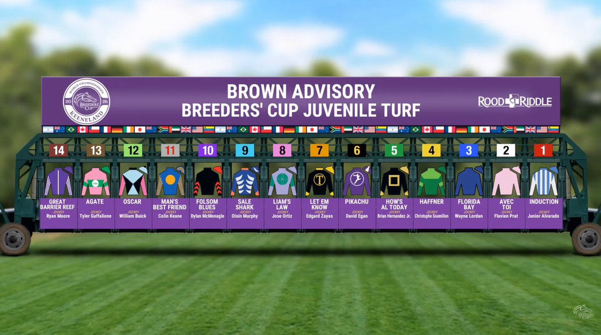 BreedersCup's tweet photo. OFFICIAL: Post Positions for the $1 Million @BrownAdvisory #BreedersCup Juvenile Turf at @Keeneland on #FutureStarsFriday. #BC26 @roodandriddle

ℹ️: https://t.co/c3Gc7GMbZh https://t.co/V4Wrx1dZbX
