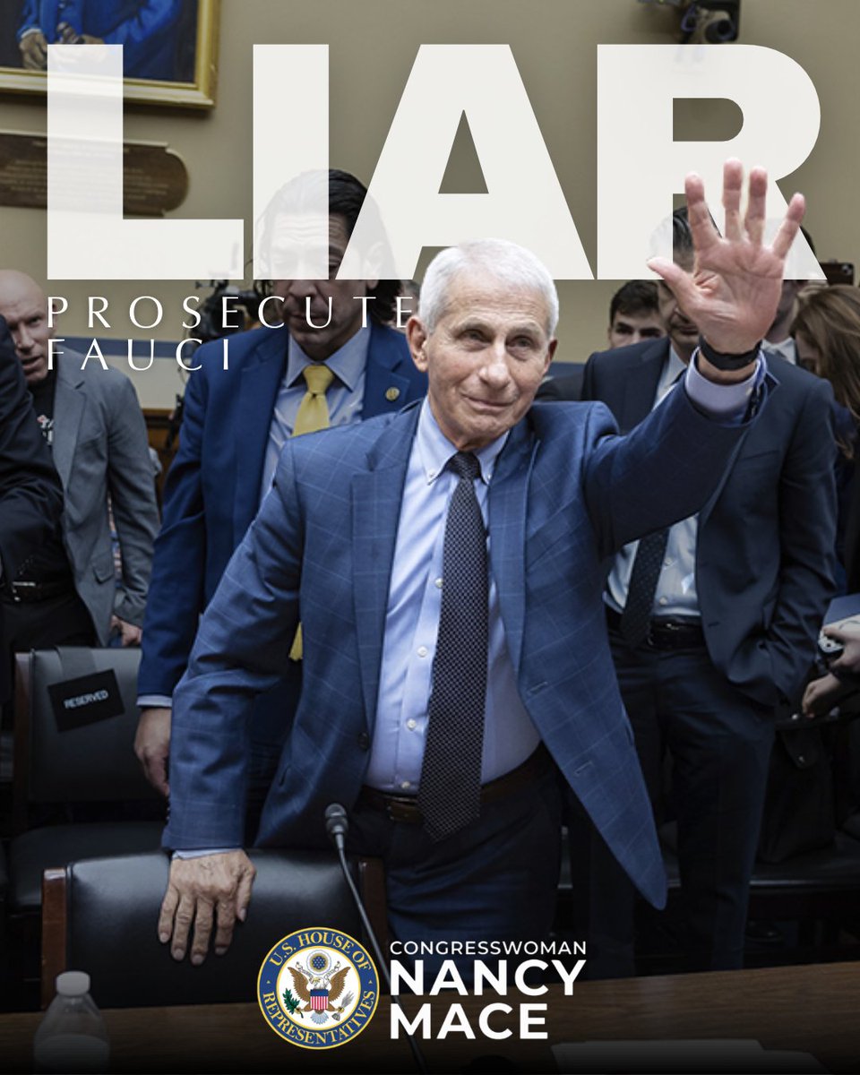 RepNancyMace's tweet photo. While Dr. Fauci was lying to Congress, Americans followed every rule handed down to them. Stores shut their doors, classrooms sat empty, events canceled. 

Fauci walked away with his title and his fame. Then Joe Biden handed him a pardon on the way out, stretching all the way back to 2014.

The top health official in the country should not get special treatment for misleading all of America during a global crisis.

Accountability is long overdue.