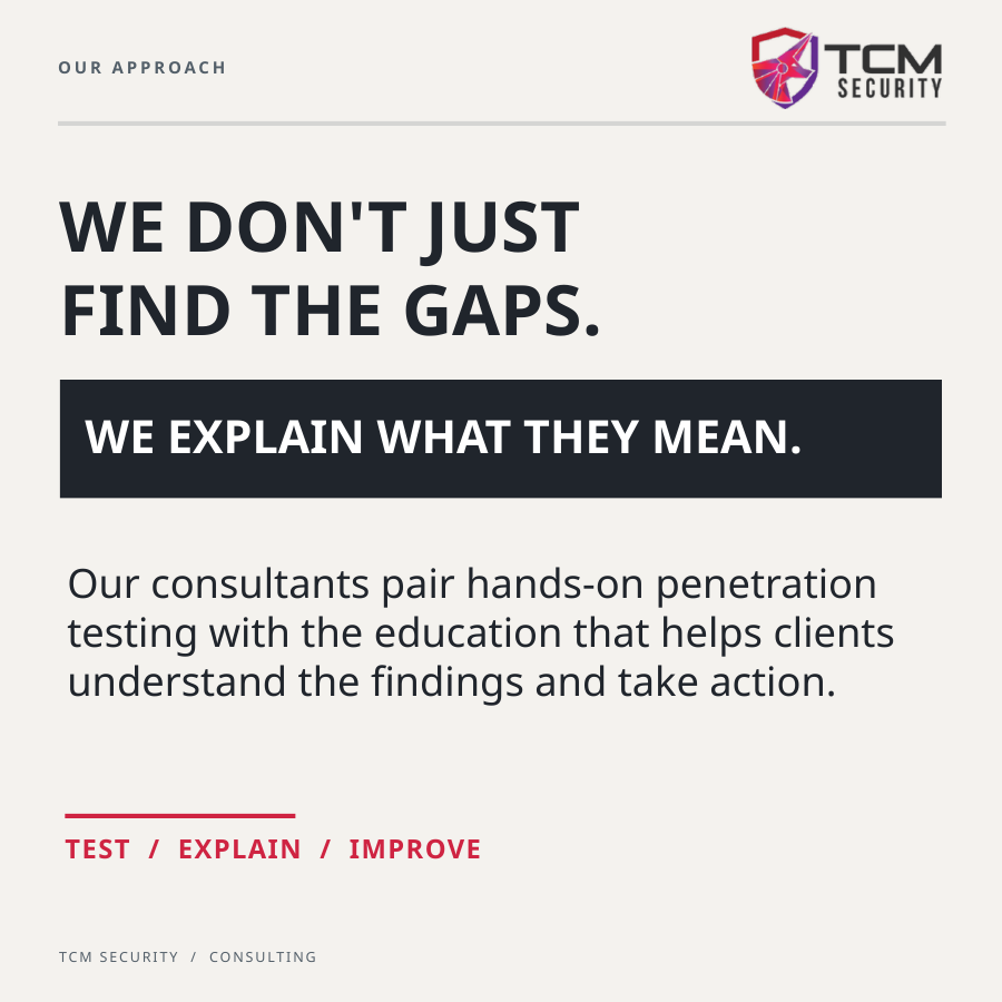 TCMSecurity's tweet photo. Teaching is incredibly important to us at TCM Security. It's a defining part of the fabric that makes us who we are. And that mission doesn't just simply sit with our content team - it extends to every single one of us, including our security consultants.

This final week of our #CyberAppreciation Month, we're acknowledging the "Orange Team," aka those who are responsible for cybersecurity education.

Check out what that ethos means to our #pentesting team specifically in today's explainer. 🟠

If you ever want to learn more about what our pentesters can do for your organization, reach out to sales@tcm-sec.com!