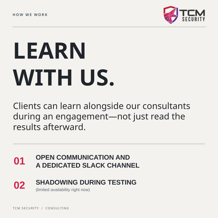 TCMSecurity's tweet photo. Teaching is incredibly important to us at TCM Security. It's a defining part of the fabric that makes us who we are. And that mission doesn't just simply sit with our content team - it extends to every single one of us, including our security consultants.

This final week of our #CyberAppreciation Month, we're acknowledging the "Orange Team," aka those who are responsible for cybersecurity education.

Check out what that ethos means to our #pentesting team specifically in today's explainer. 🟠

If you ever want to learn more about what our pentesters can do for your organization, reach out to sales@tcm-sec.com!