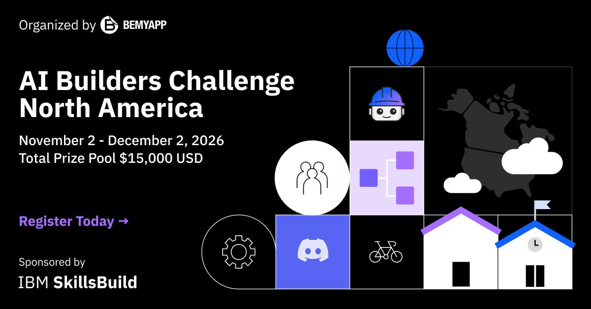 bemyapp's tweet photo. Ready to build with AI? 🤖 Join the AI Builders Challenge North America, a virtual competition for college &amp; university students. Learn with IBM SkillsBuild, build with IBM Bob &amp; compete for $15K in prizes! Register now: https://t.co/Kd2G65zu8j #aibuilderschallenge https://t.co/b8TWq7jV9d