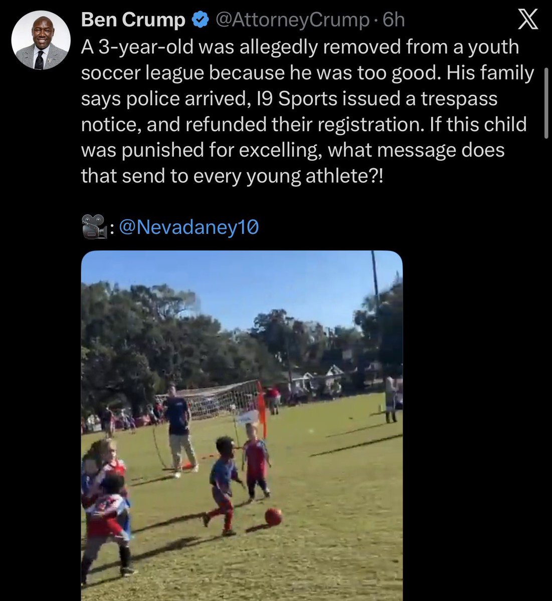 SarahisCensored's tweet photo. Ben Crump sure knows how to turn a story into a racial controversy, doesn’t he?

Let’s get the facts straight.

NO ONE was trespassed.

Police were called by an i9 Sports league official because of a dispute involving league officials and the child’s PARENTS, not because of anything the child did.

And another thing! I just confirmed that the man who called 911 was BLACK.

You can throw your accusations of “white ￼supremacy” out the window.