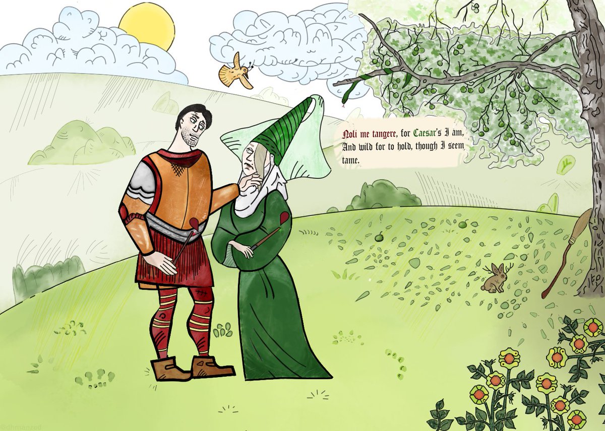 dhmanzed's tweet photo. Something for Malfoy trend but could fit here too I guess. Art style is heavily based on Pentiment and verse is from Sir Thomas Wyatt's "Whoso List to Hunt, I Know where is an Hind". https://t.co/eL36pWkTmt