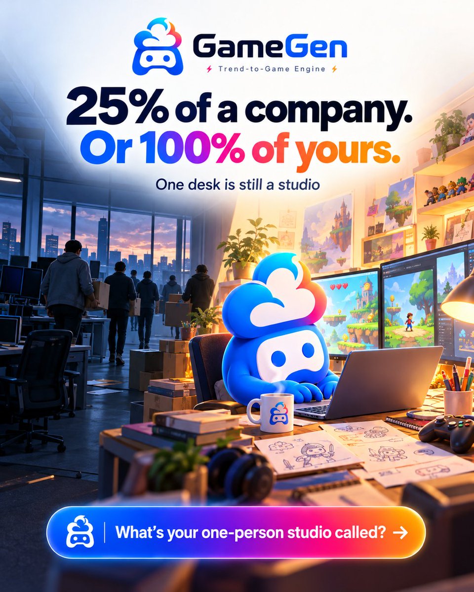 PlayGameGen's tweet photo. PC Gamer reports Microsoft is looking to cut more than 25% of its workforce. 📉
The safest studio left is the one you own.
A game where one person ships the whole thing.

#GameGen https://t.co/JPTYBuIXn8