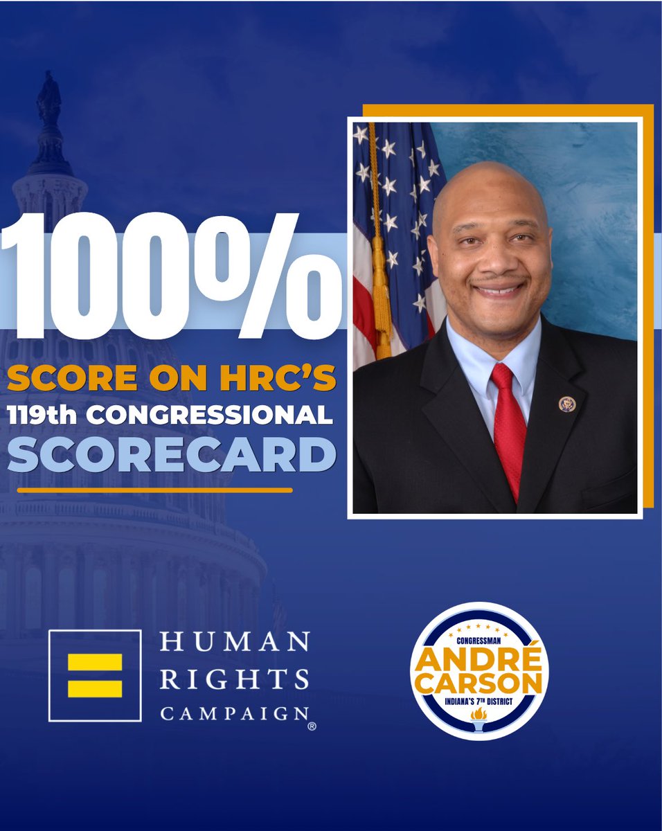 A blue political graphic featuring a portrait of a smiling man in a suit beside a large score announcement. The U.S. Capitol is faintly visible in the background, with Human Rights Campaign and campaign logos near the bottom. The image contains prominent text.