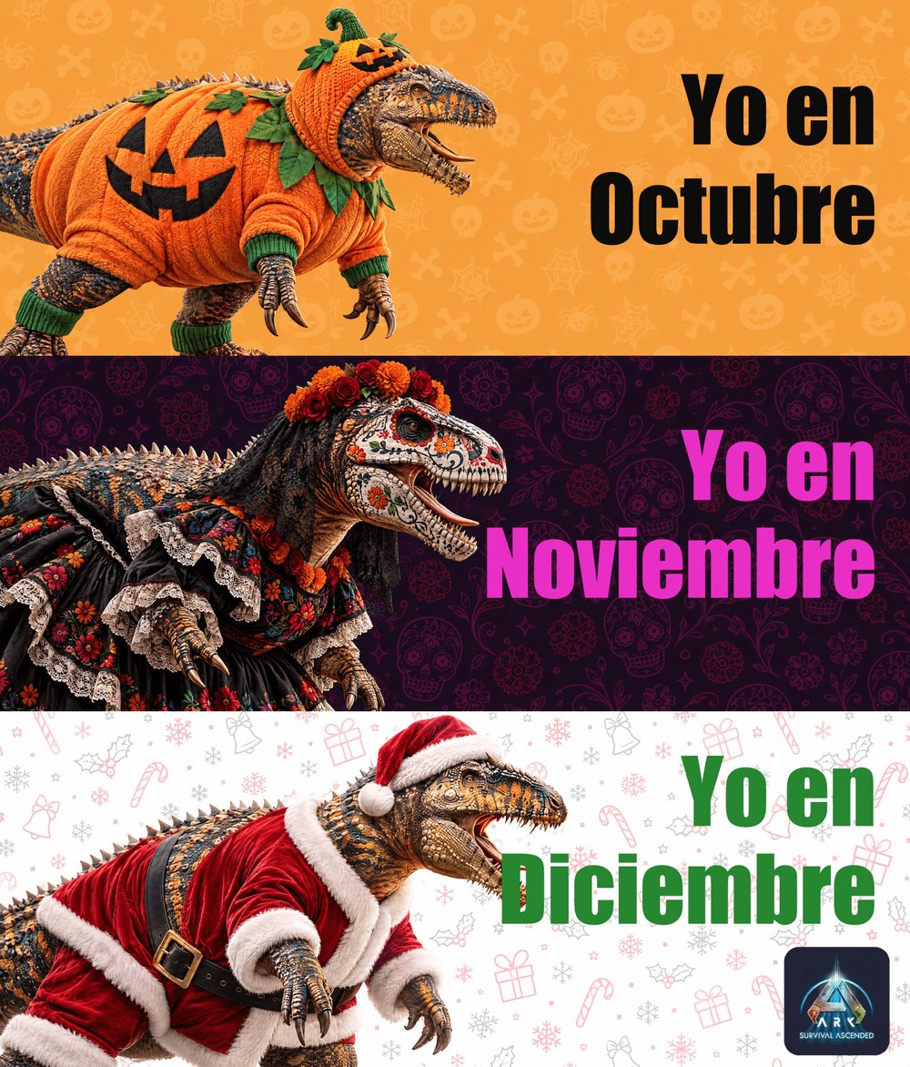 VALIONRO's tweet photo. El Giga en temporada de fiestas 🦖 Octubre 🎃 Noviembre 💀 Diciembre 🎄 ¿Cuál eres tú ahorita? 👇 #ARK #ARKASA #Giganotosaurus https://t.co/qq08hibg0c