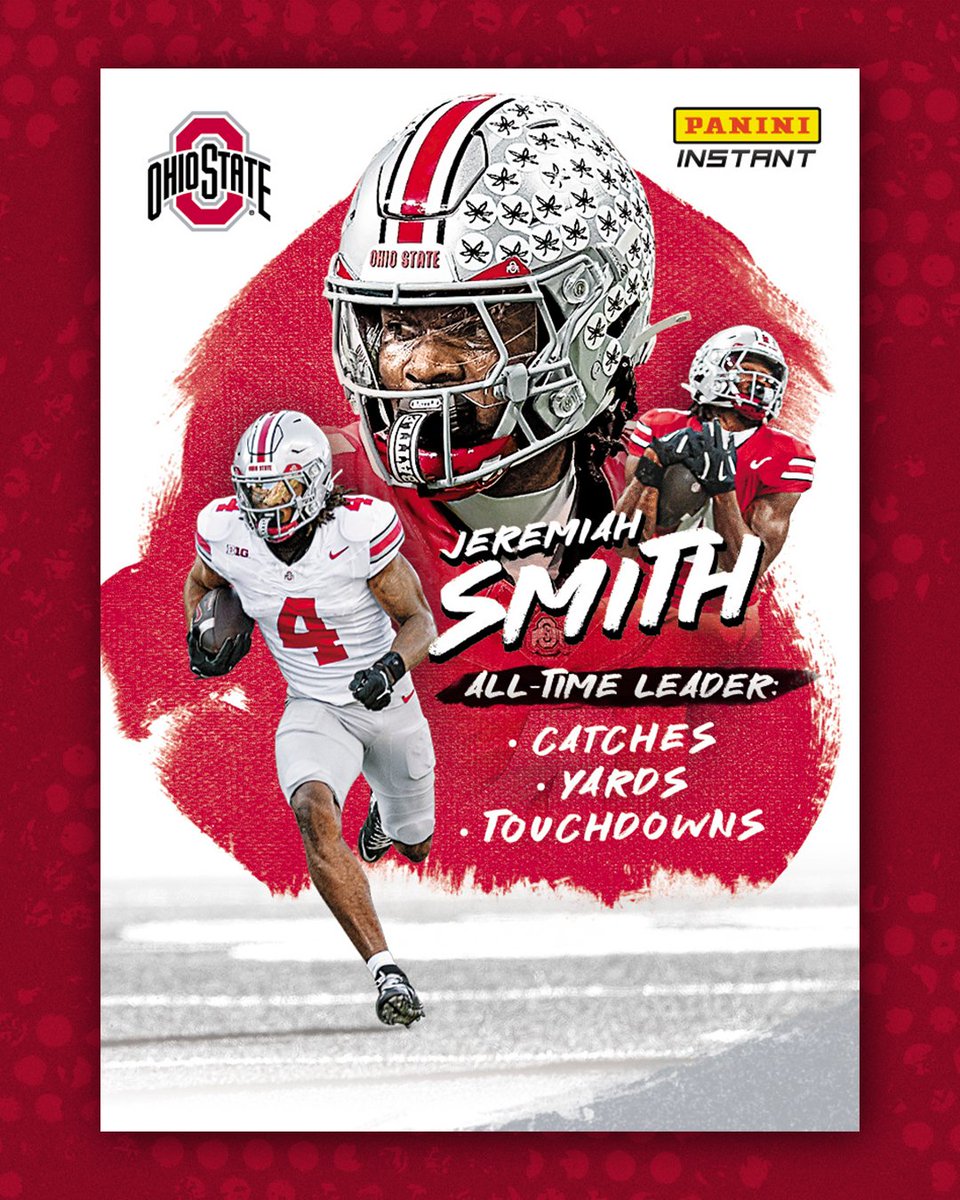 PaniniAmerica's tweet photo. They called Jeremiah Smith WRU’s next great. 
He's left no doubt he's its greatest.

Own a piece of history with the special-edition Panini Instant Record Breaker collection, featuring autographs and numbered parallels celebrating @Jermiah_Smith1's  record-breaking career.

Available tomorrow, October 27 at 2pm CT: https://t.co/0OGugsHR4V