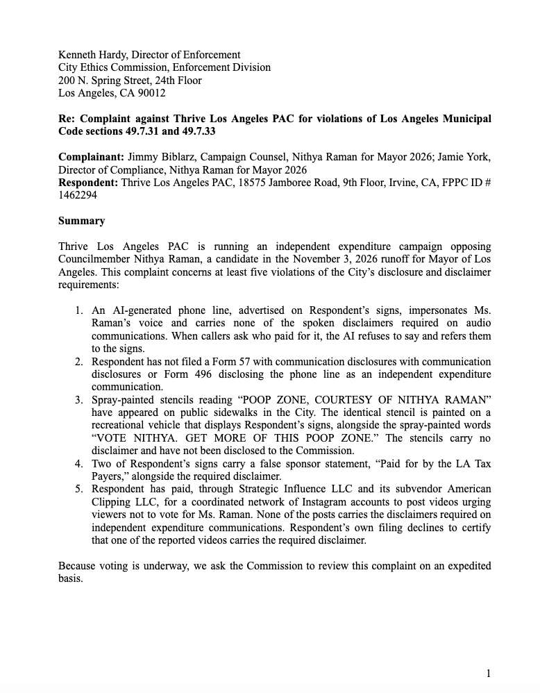 reporterliz's tweet photo. Nithya Raman's campaign just filed this Ethics complaint (w/EXHIBITS!) against Thrive LA, accusing the PAC of spray-painting the floors with  "Poop Zone, courtesy of Nithya Raman" w/o disclosure disclaimers, and for AI impersonations of Raman's voice, etc. https://t.co/zbw2rXdHUY https://t.co/Van6ePxn2V