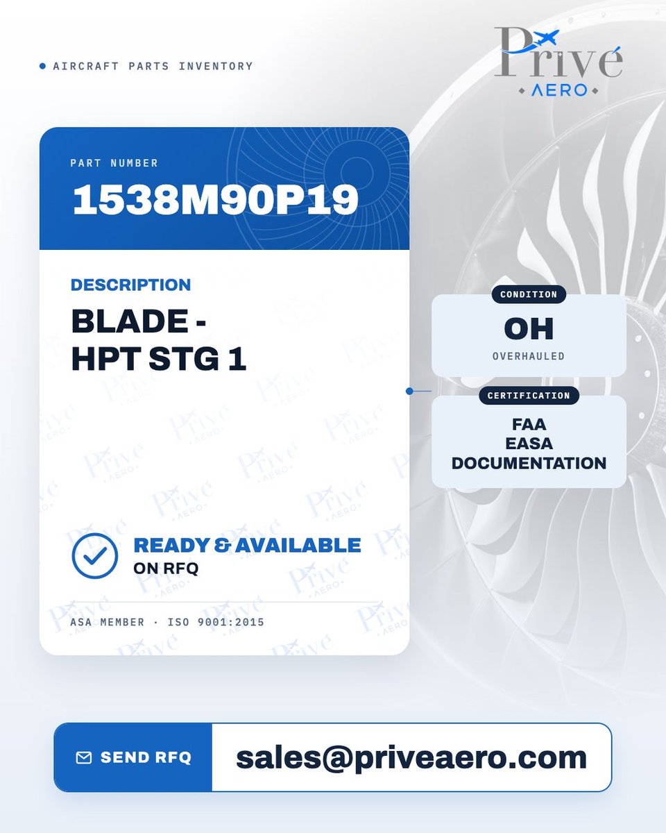 priveaero's tweet photo. Available on RFQ: P/N 1538M90P19 ✈️
BLADE - HPT STG 1
Overhauled (OH) · FAA / EASA Documentation
👉 https://t.co/rO15kE9awr
📩 Have an RFQ? Send it to sales@priveaero.com
#AircraftComponents #Aviation #JetEngine https://t.co/NKun8WMKpz