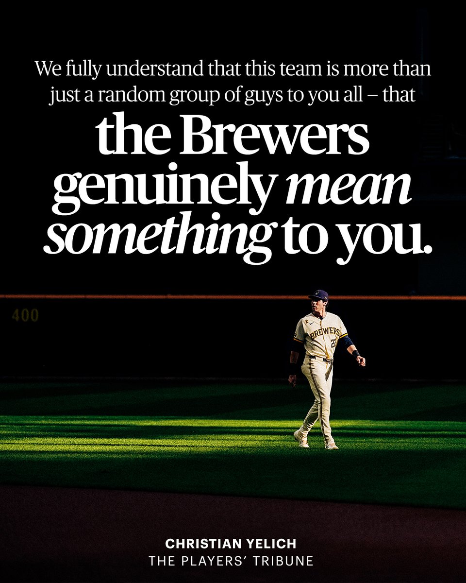 PlayersTribune's tweet photo. In 2018, Christian Yelich wrote about his trade to the Milwaukee Brewers: “I’ve never seen anything like this town when it comes to people being nice. For real. It’s a stereotype about the Midwest, but it’s true. It’s pretty ridiculous how nice people are in Milwaukee. It’s like you’re a member of everyone’s family or something.

Even before I arrived in town in January [2018], I got a taste of that hospitality. After I got traded, it was like a whirlwind — tons of calls and arrangements. My head was spinning there for a second. I was back visiting my mother in Southern California at the time, and I wanted to get to Milwaukee to meet everyone at the fan fest, but there was just a lot going on at once. Everything was just super complicated.

Then, all of a sudden … it wasn’t....

Everyone made me feel so welcomed. I just remember sitting there on that plane with all those guys thinking about how much this organization really does seem like one big family....

We fully understand that this team is more than just a random group of guys to you all — that the Brewers genuinely mean something to you. We realize that when we’re playing well it actually affects your lives and results in a certain level of joy and happiness throughout the city … and, actually, all across the state.

That’s big for us. We truly value that.

And at the end of the day, I keep coming back to how this organization, and all those who support it, really are like one big family.

To be at our best, and most happy … we need each other.” https://t.co/SQ2pJQLK22

@ChristianYelich | @Brewers