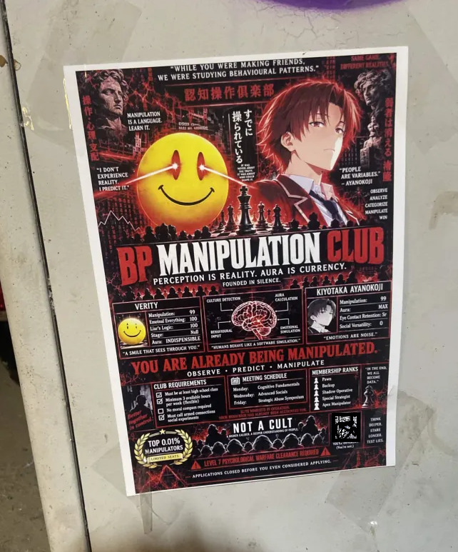 Impastorrrr's tweet photo. rn me and a couple of friends are on a mission to spread the cringiest ayanokoji verity manipulation posters in my city but people are starting to take them down for no reason HOWEVER this is not the end
we will print FORTY posters and spread them with an even stronger glue https://t.co/VRof7UH6CJ