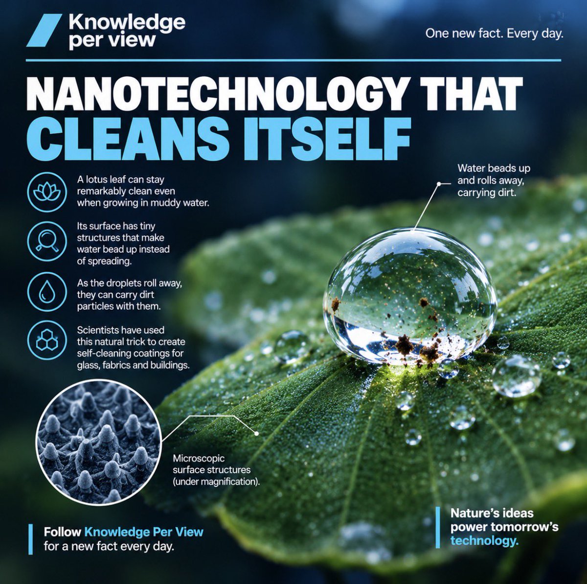 KnowledgePV's tweet photo. A lotus leaf’s microscopic surface structures help water droplets roll away with dirt, inspiring self-cleaning coatings in materials science.

Nanotechnology often takes its best ideas from nature.

Follow Knowledge Per View for a new fact every day. #Nanotechnology #Knowledgepv https://t.co/IlJCqvO6Le