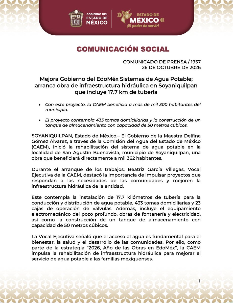 CAEM_EDOMEX's tweet photo. #ComunicadoOficial 💧 | La #CAEM inició la rehabilitación del sistema de agua potable en la localidad de San Agustín Buenavista, municipio de Soyaniquilpan, una obra que beneficiará directamente a mil 362 habitantes.

➡️ Toda la información: https://t.co/iK0bAlOXL9 https://t.co/u0S68b9VGt
