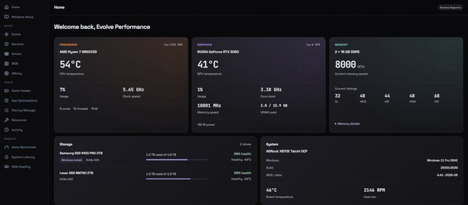 EvolveOpt's tweet photo. Want your whole PC tuned?

Evolve does it in one click. Start free, then go all the way:

⚡ Full Windows + services tuning
⚡ BIOS optimization
⚡ CPU/GPU overclock + RAM timings, done with our team

👉 https://t.co/8k1vsudqjh https://t.co/FhK2o2rTCK