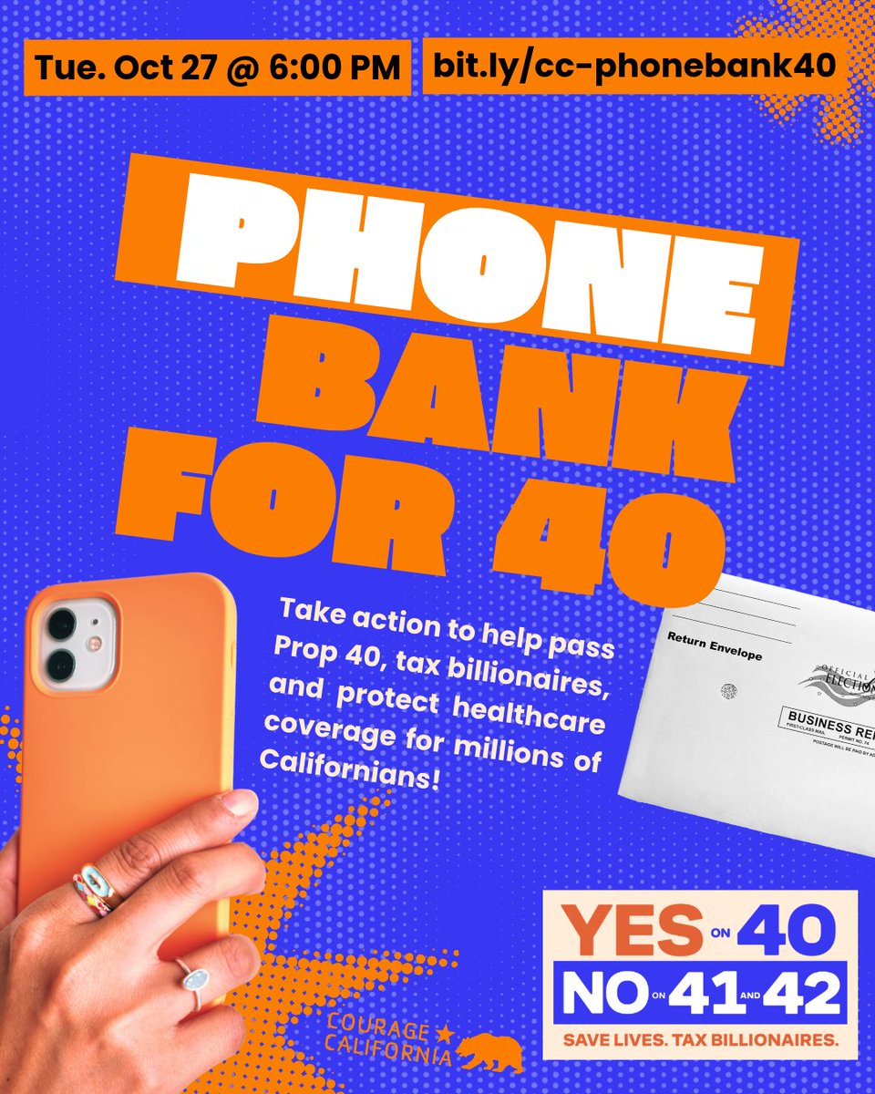 CourageCA's tweet photo. 💸 Your vote on Proposition 40 is worth $1 million a day; at least that's what the billionaires in California are spending to influence you to vote against the one-time 5% tax on their wealth. 

Join us this Tues., Oct. 27 @ 6 PM to amplify the vote for Yes on Prop 40 and No on Props 41 and 42 ➡️ https://t.co/EbQqfoLo2y