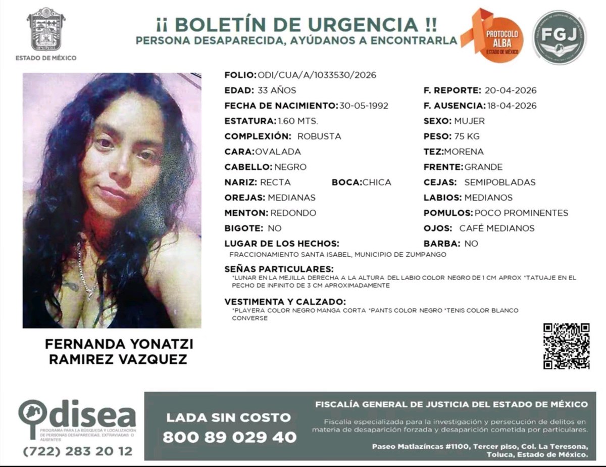 Milylikd's tweet photo. FERNANDA YONATZI RAMIREZ VAZQUEZ

F. AUSENCIA: 18-04-2026

LUGAR DE LOS HECHOS:
FRACCIONAMIENTO SANTA ISABEL, MUNICIPIO DE ZUMPANGO

DIFUNDIR ‼️‼️🚨 https://t.co/GaFkvvxXqD