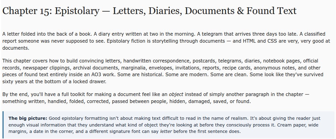the_tamed_poet's tweet photo. Hey friends! I posted Chapter 15 of my beginner-friendly AO3 coding tutorial!

This one covers Epistolary Formatting: how to build letters, diaries, postcards, newspaper clippings, and more entirely inside your fic. Go check it out! <3

Link: https://t.co/4lT6EVB0VM https://t.co/B1gEr143ga