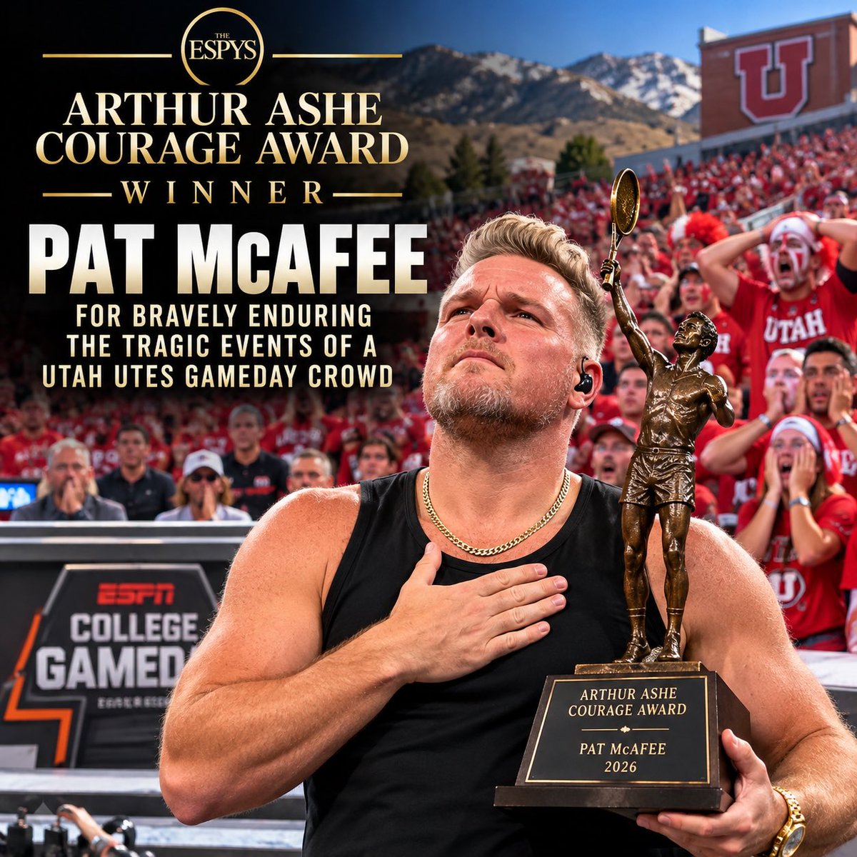 js_ace_football's tweet photo. I’m officially nominating Pat McAfee for the next Arthur Ashe Courage Award.

To endure the unimaginable trauma of a Utah Utes GameDay crowd and somehow find the strength to carry on?

Not all heroes wear capes. Some wear tank tops. 🙏🤣 https://t.co/mO1NEthmby