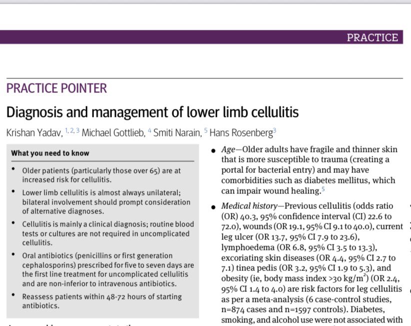 TakaMatsuo_ID's tweet photo. 【Diagnosis and management of lower limb cellulitis】BMJ, 2026 Sep

👉 Practice Pointer review
👉 41% misdiagnosed in primary/urgent care (meta-analysis)
👉 Uncomplicated: oral penicillin/1st-gen ceph 5–7d; reassess 48–72h

https://t.co/y9xD7FCPdo

#IDMedEd #IDFellow https://t.co/YdbR2BFrB3
