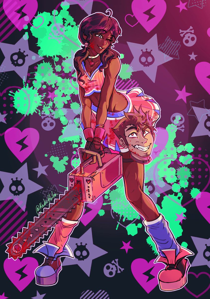 CursedApp1e's tweet photo. Halloween season isn't over so of course I couldn't let Adam and Eve have just the one concept! 

This time inspired by the zombie hack and slash Lollipop Chainsaw!

Art by @KaoticShiba who was lovely enough to do several versions!

#HazbinHotel #HazbinHotelAdam #HazbinHotelEve #HazbinHotelOC #flowertunes