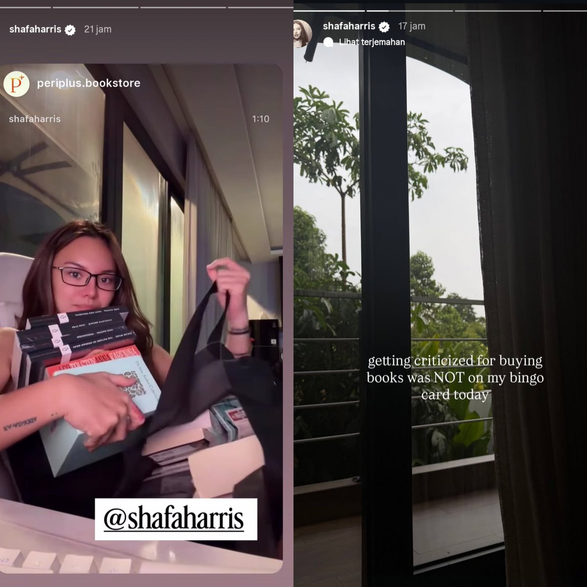 seduhtehnya's tweet photo. Shafa Harris borong banyak buku eh malah dinyinyirin netizen, kok bisa sih?!

Semuanya bermula pas Shafa pamer hasil belanja buku di Periplus mulai dari novel klasik sampai romance. 

Nggak lama, ada netizen yang nyinyir kalau book haul Shafa cuma konsumerisme yang dibungkus seolah-olah intelektual.

Shafa langsung bales menurut dia tuh nggak semua orang beli buku biar keliatan pinter, sama kayak nggak semua yang ngritik otomatis lebih pinter. 

Dia baca klasik karena tertarik, baca romance dan romantasi karena pengin kabur dari realita. Buat dia, baca itu hobi bukan ajang buktiin IQ.

Putri dari Faisal Harris ini juga nyentil balik ternyata si netizen yang nyinyir dia tuh suka pamer book haul juga.

Kalau prinsipnya cuma berlaku buat orang lain, itu bukan kritik tapi standar ganda dong. 

Shafa bahkan nyindir netizen itu kayak kritikus sastra tanpa bayaran yang kelebihan waktu luang dan nyaranin beli buku soal self awareness.

Belakangan, kolom balasan di postingan netizen nyinyir itu malah dibatasin. 

Shafa nyebut itu kelakuan pengecut soalnya setelah kehabisan argumen malah kabur gitu aja.

Hobi baca nggak butuh izin siapa-siapa deh ckck. Aneh banget netizen demen banget nyinyir 😫