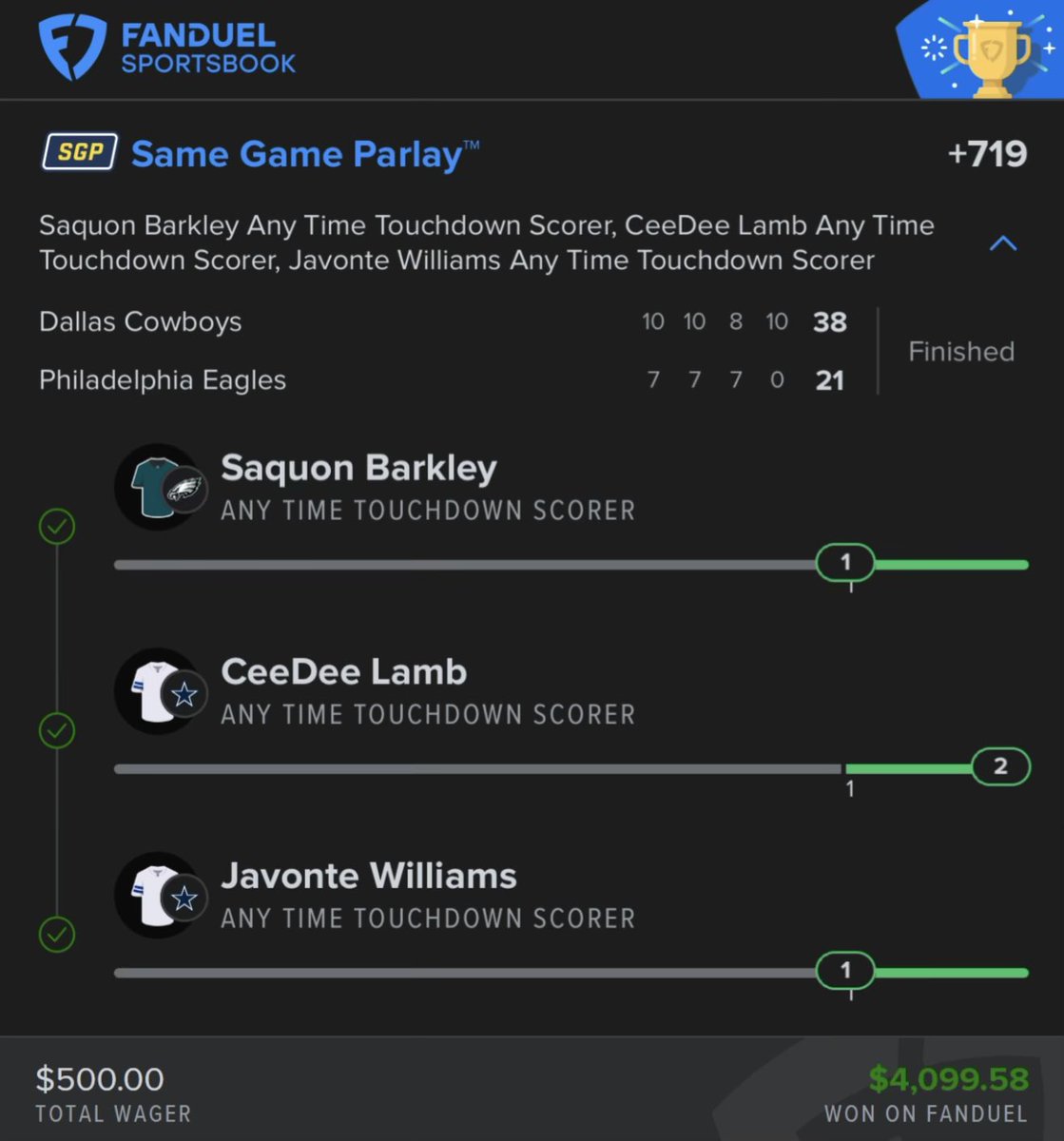 nazeaster's tweet photo. I’m a man of my word. $1,000 to one person that likes this tweet… we actually swept the board 😅✅✅✅✅✅✅

All glory to god man 🙏 we did it!

Saquon Barkley ATD ✅
Ceedee Lamb ATD ✅
Javonte Williams ATD ✅

$10 bets: https://t.co/7mCYThDlpK https://t.co/wkwbZruW3r