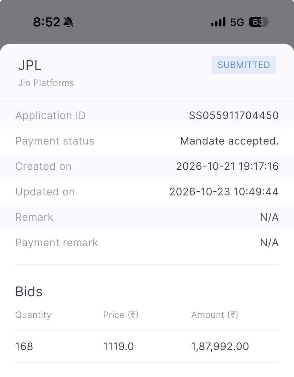 randomusements's tweet photo. Hi @zerodha @Nithin0dha
I modified my Jio IPO shareholder quota application to increase my bid to 168 shares (₹1,87,992). My application was rejected on technical grounds 😐
Jio’s email shows only ₹1,07,424 as the blocked amount. Why was the modified amount not updated? https://t.co/ikEP7Ysp6v