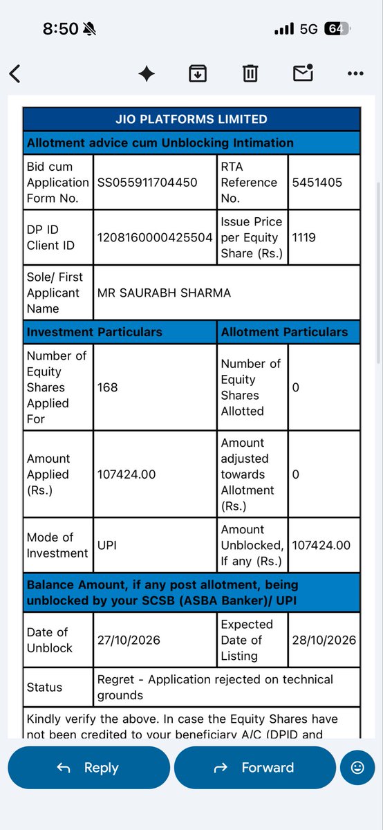 randomusements's tweet photo. Hi @zerodha @Nithin0dha
I modified my Jio IPO shareholder quota application to increase my bid to 168 shares (₹1,87,992). My application was rejected on technical grounds 😐
Jio’s email shows only ₹1,07,424 as the blocked amount. Why was the modified amount not updated? https://t.co/ikEP7Ysp6v