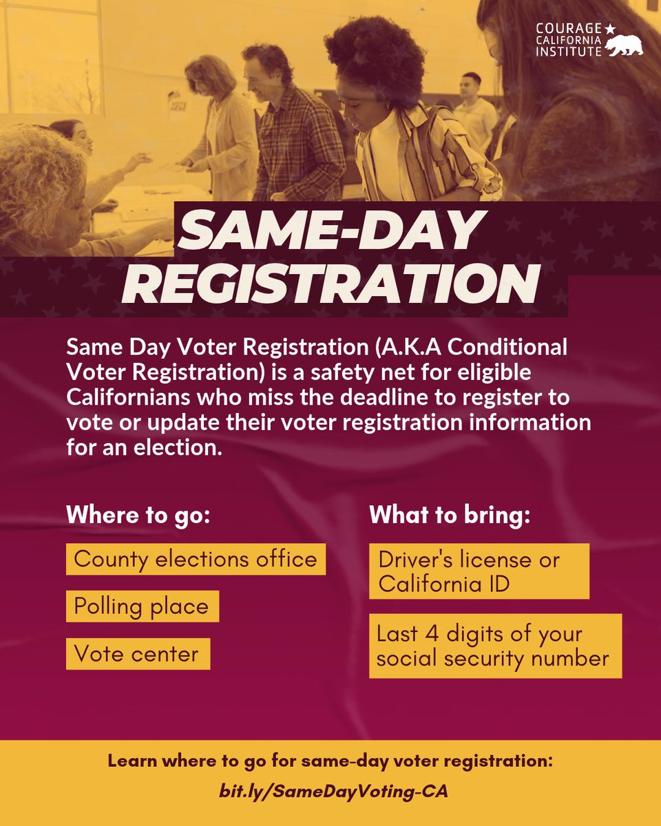 CourageCA's tweet photo. 📣 The voter registration deadline passed, but you can STILL register and vote in the November 3 California General Election with Same Day Voter Registration (AKA Conditional Voter Registration).

⭐️ Learn more about Same Day Voter Registration and find your nearest polling place: https://t.co/vxt8VsKH8U (link in bio)

🗳️ If you are an eligible citizen and haven't registered to vote or need to update your voter registration, you can complete the Same Day Voter Registration process in person at your county elections office, polling place, or vote center.