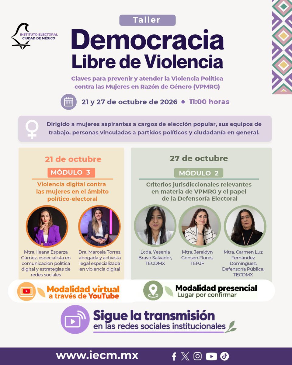 Distrito22IECM's tweet photo. 🟣 ¡Continuamos con el Taller “Democracia Libre de Violencia”!
Te invitamos al Módulo 2: “Criterios jurisdiccionales relevantes en materia de VPMRG”.
📅 27 de octubre
🕚 11:00 horas
💻 Modalidad virtual por YouTube.
▶️ ¡Sigue la transmisión!
#DemocraciaLibreDeViolencia #VPMRG https://t.co/85Qi72lwmo