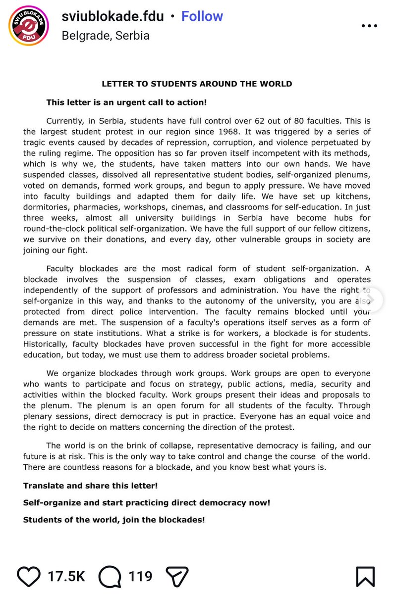 AsimAli6's tweet photo. Amazing achievement. In 2024, Serbian students issued this letter to "Students Around the world"

“The world is on the brink of collapse, representative democracy is failing and our future is at risk...There are countless reasons for a blockade, and you know best what yours is" https://t.co/iuBMEgMsUr