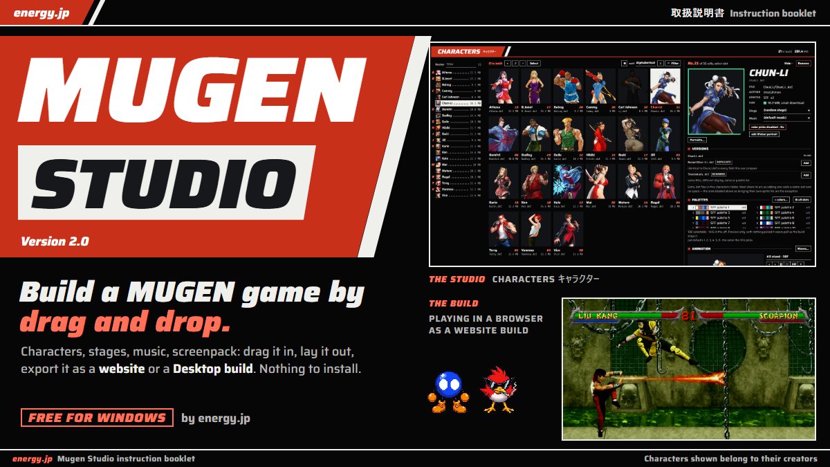 EnergyJPx's tweet photo. Mugen Studio 2.0 is out: build your own MUGEN game by drag and drop, then play it in a browser (online, with rollback) or export to desktop IKEMEN GO. Host your WebMUGEN page for leaderboards, Ranked/Casual queues, and much more.
https://t.co/kTKMoZXOBL https://t.co/NUhqnbyRGf
