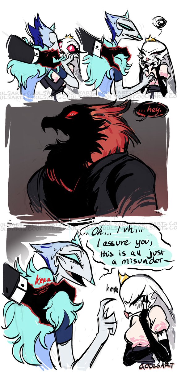 coulsart's tweet photo. INTERVENTION. feat stella, andrealphus, and my oc Rowan (she/her) #HelluvaBoss #oc #comic https://t.co/ivhdUclhXd
