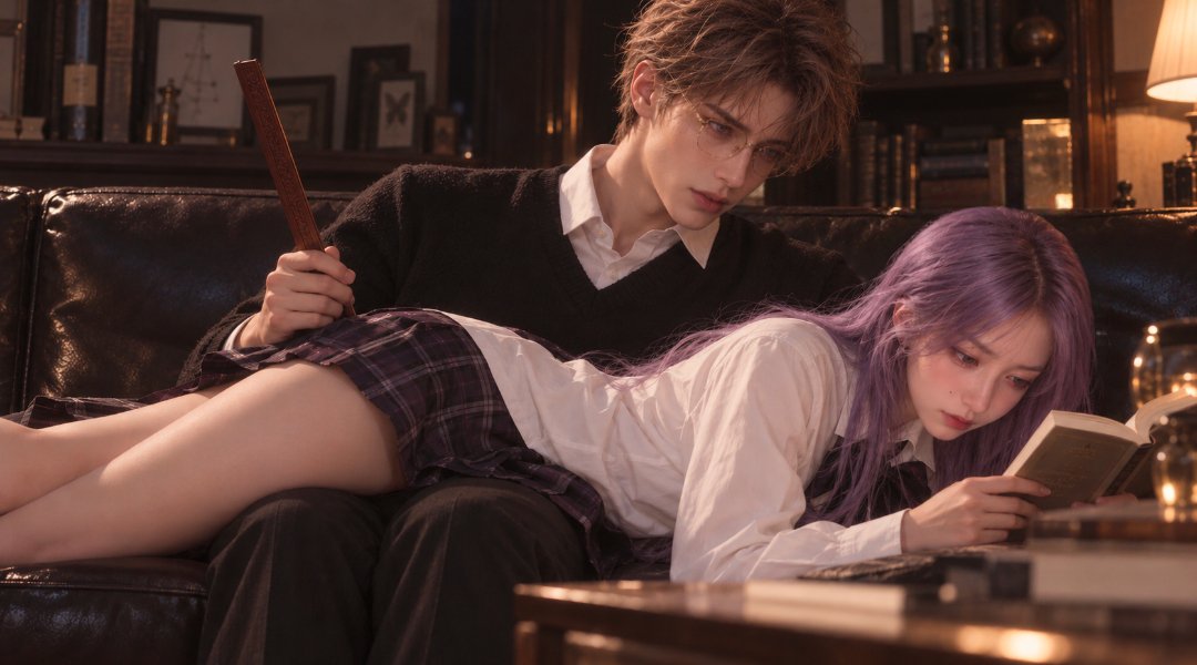 iliIiMignon's tweet photo. 家教play(2)

prompt:
夜晚书房里，成年男子坐在靠墙沙发上看着成年女子，双腿平齐，手拿一把长长的戒尺，戴金丝眼镜，穿白衬衫和鸡心领黑毛衣。女子完全横趴在他大腿上(腹部接触)，腰胯扭转方向一致，双手往前伸，捧着一本书看，表情委屈，穿白衬衫和JK裙。16:9，CCD真人摄影，低饱和。禁止肢体错误。 https://t.co/ldSECOPeWx