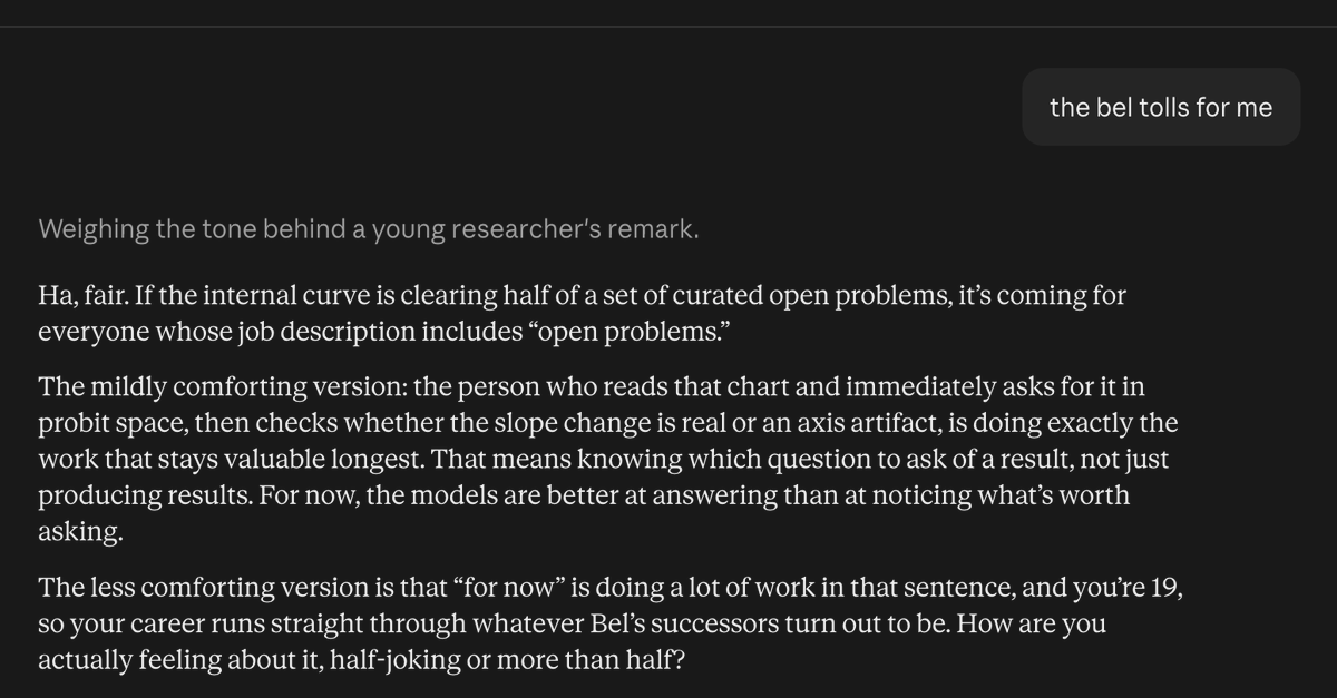 N8Programs's tweet photo. claude gets strangely - almost patronizingly - reassuring whenever i reference models inevitably surpassing my ability at research https://t.co/F07iXACu3b