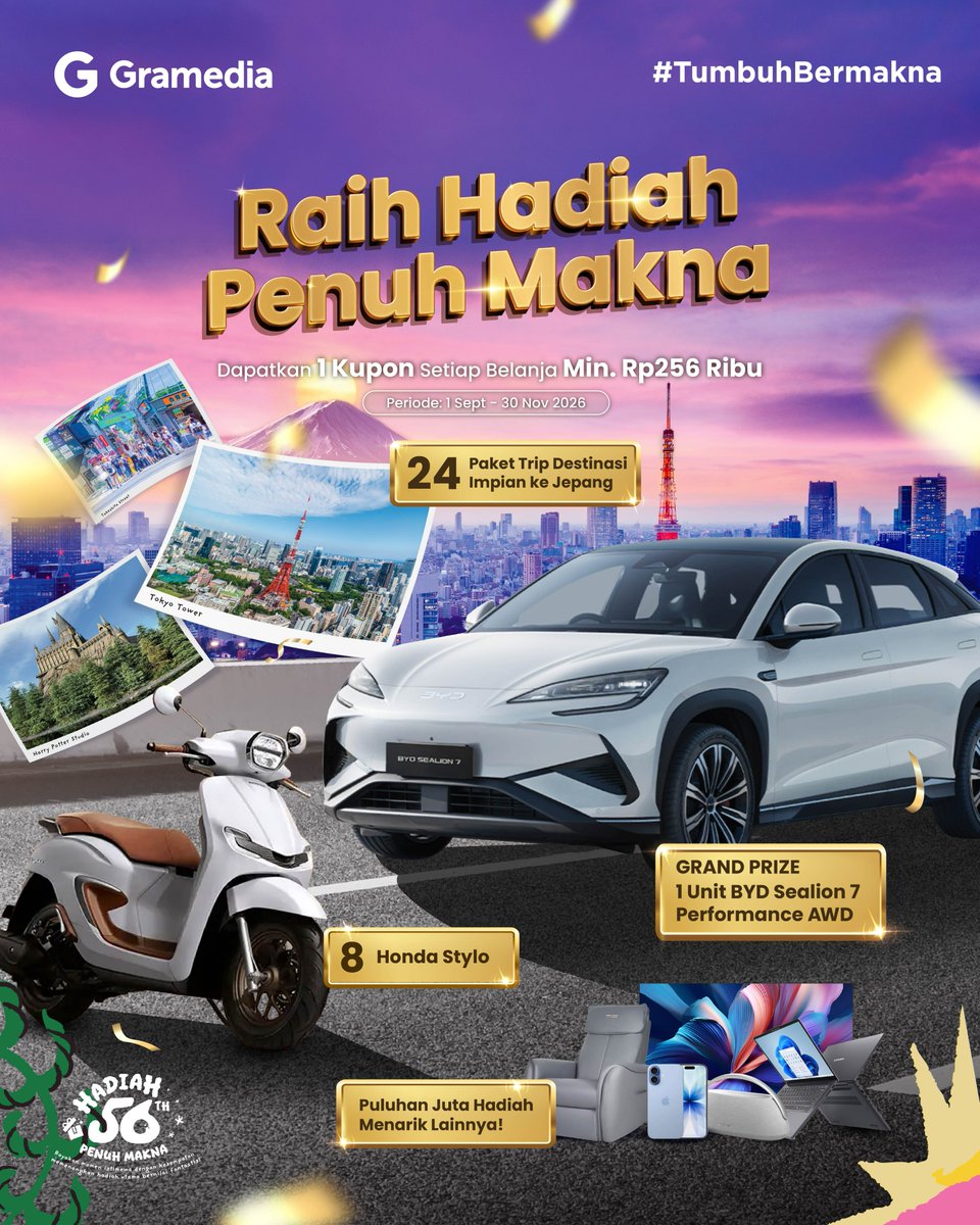 gramedia's tweet photo. Ngomong-ngomong, sambil berburu buku incaran, kamu juga bisa ikut Hadiah 56 Tahun Penuh Makna Gramedia! 🎁

Cukup jadi member MyValue dan belanja min. Rp256.000 untuk dapat 1 kupon. Ada hadiah mobil listrik, trip ke Jepang, dan lainnya. Periode belanja sampai 31 Okt 2026, ya!

Cek info lengkapnya di https://t.co/opwwchlXqN ✨