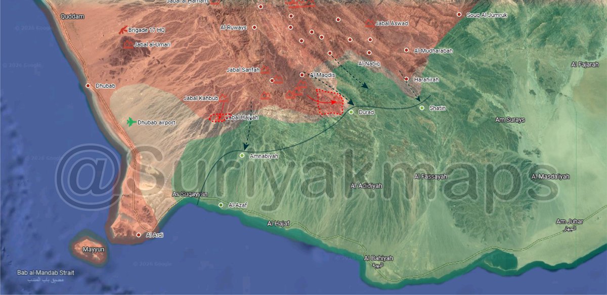Suriyakmaps's tweet photo. Yemen: Operation “And Allah is More Severe in Power and More Severe in Punishment” [26/10/2026]: Pt 2 🇾🇪
In Lahij, following three days of fighting, the Aden forces have been forced to retreat from the Al Madaribah front, withdrawing to the areas of Amnabiyah, Durad and Shatin, where a new line of defence is being established. As a result, Sanaa forces have taken control of Jabal Mahjabah and Jabal Hajijah.
There are reports that Ansarallah has taken control of Turbat Abu al-Asra near the As-Saraih junction. The report is partially correct, as that area was captured a few days ago; however, the location is near Al-Nabiq and not south of Shatin, as the reports suggest, since for that to be the case, the capital of Al Madaribah would have had to have been captured beforehand.
Map: [ https://t.co/6NyeFfHq7Y ]