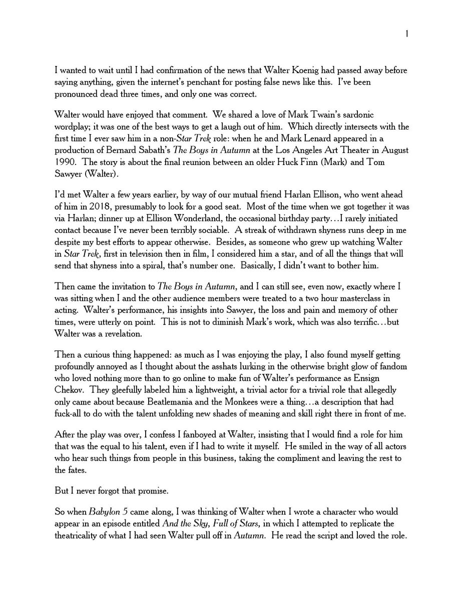 straczynski's tweet photo. Today we lost Walter Koenig.

Some thoughts about a fine actor and an exceptional human being... https://t.co/5DMjGDrk8b