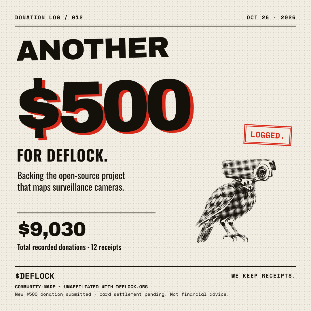 AgainstALPRs's tweet photo. Over $9000 now donated to the #DeFlock movement and @therealDeFlock! solana:FaL1PFQhNo4JAGaQKSnKurWeNtpexqEAduQjR4H6pump https://t.co/6xikHyKIzJ
