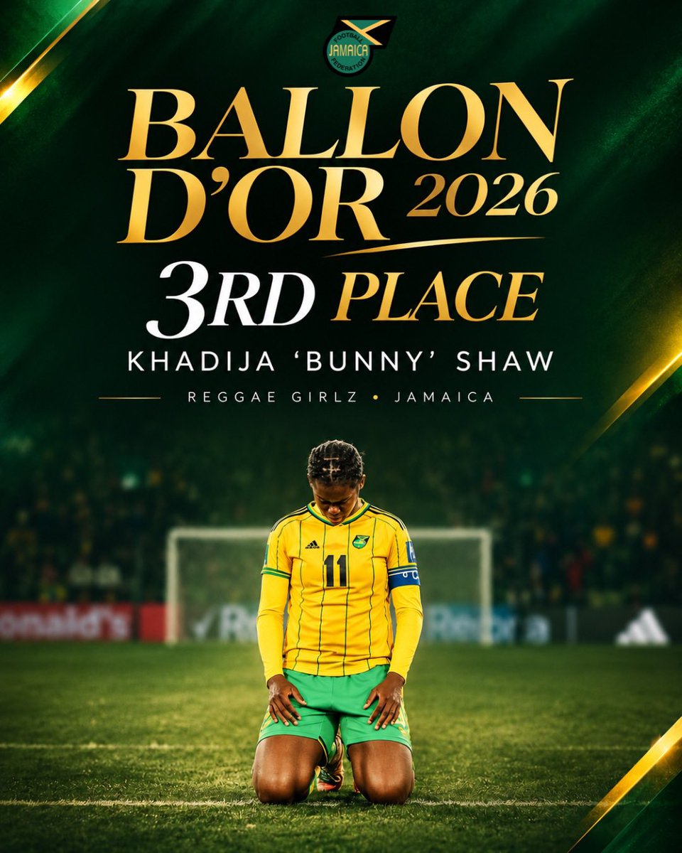 jff_football's tweet photo. Congratulations to our very own Khadija “Bunny” Shaw on finishing third in the 2026 Women’s Ballon d’Or! 🏆💛💚🖤

A proud moment for Jamaica and the Reggae Girlz, as our captain continues to shine on the global stage and inspire the next generation of Jamaican footballers. https://t.co/cBsSOFVgEZ