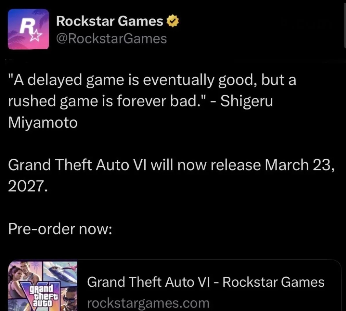epppyyy's tweet photo. GTA6 delayed yet again https://t.co/y1TrEeKFfS