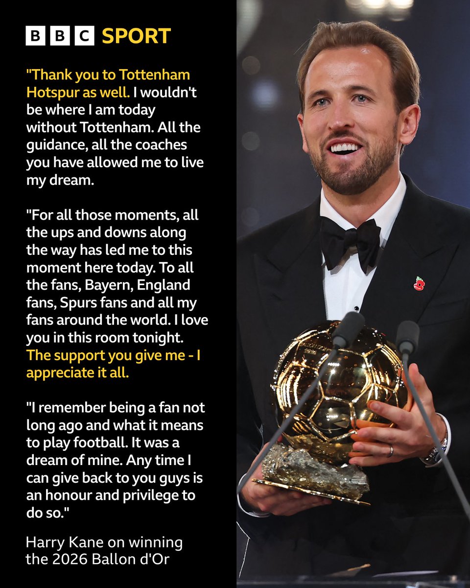 BBCSport's tweet photo. Harry Kane paid tribute to former club Tottenham after winning the 2026 Ballon d'Or, thanking them for their role in his journey 🙌🏆 https://t.co/6EZ1kAreAr