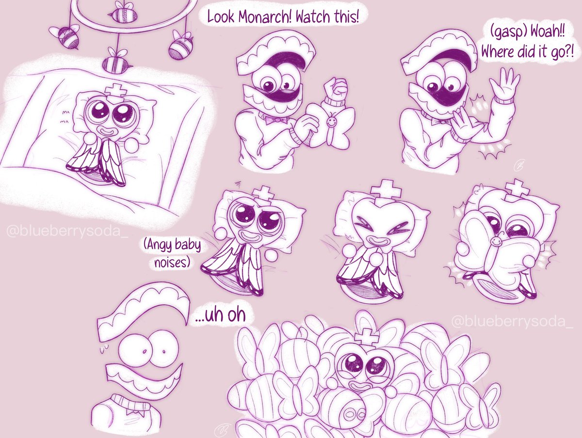 Blueberrysoda_'s tweet photo. Some doodles of Caine and his babies :,3
He just HAS to show everyone how cute his first baby Daisy is🥹he’s so proud of her
Monarch (the youngest) learned how to conjure really early O_o
#royalteeth #royalteethfamilyau #fankids #caine #kinger #tadc #tadcfanart https://t.co/ERle7gjiHT