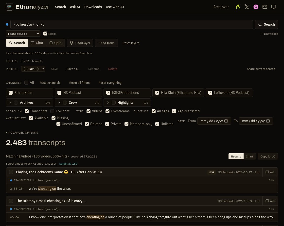 KiwiFarmsDotNet's tweet photo. h3h3's podcast transcripts have been turned into a searchable index by Kiwi Farms user "I mean I'm just saying", available to the public, for free.

Looking for that Ethan Klein / Tamara clip that looks really suspicious in retrospect? Here you go.

https://t.co/KRjJT5Ofn7 https://t.co/RZUnSfyOUk