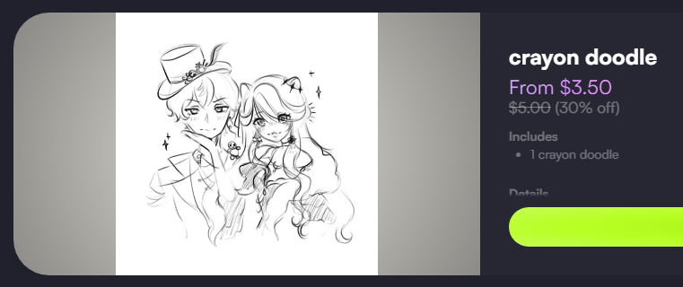 rosaphy's tweet photo. need to get my delivery rate up higher to become verified so i have $3.50 doodle commissions avaliable!
finishing all my existing commissions and new commissions this week because i will be gone friday-monday (oct 30-nov2)
https://t.co/ody4pq6C0g https://t.co/lZ9EzK0BSk