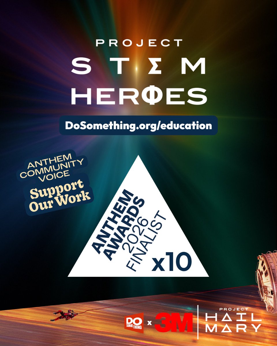 dosomething's tweet photo. TEN Anthem Awards nominations for Project STEM Heroes, and DoSomething is up for Small Nonprofit of the Year! 🏆

We’re proud to partner with @3M @ProjectHailMary and @AmazonMGM, and grateful to the @Anthem Awards for recognizing our work that engaged 38,000 young people to explore STEM.

Help us celebrate all the young people who shared their STEM story with others - please share and spread the word about our Community Voice nomination. 

✨ https://t.co/GP5GRrNvR7