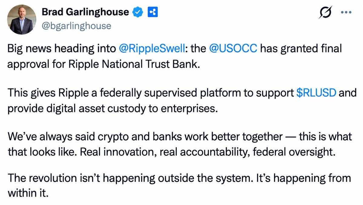 BscGemSniper's tweet photo. 🚨NEW: @Ripple received full approval from the @USOCC  to operate as a national trust bank, joining Circle, BitGo and Fidelity Digital Assets. https://t.co/16gmXXf35V