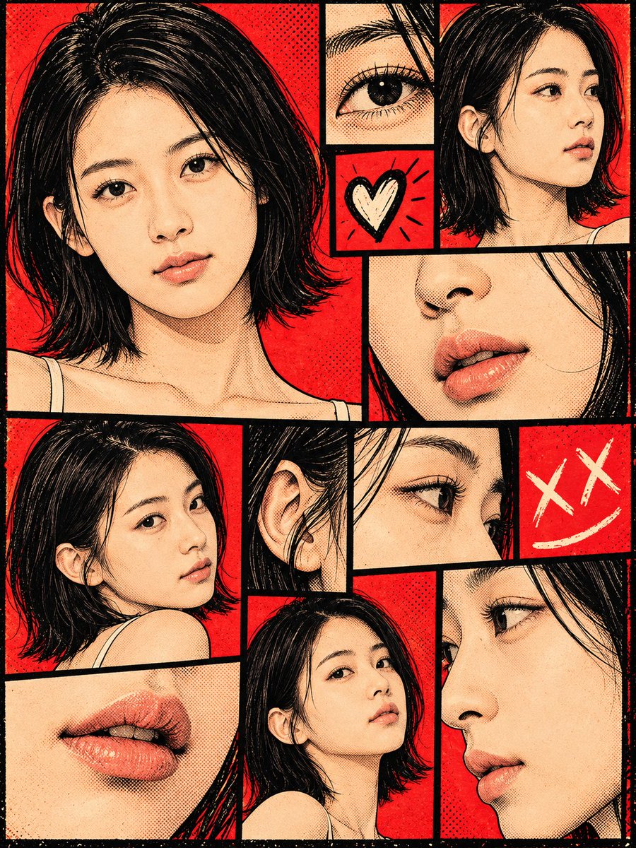 ayu_UNVEIL's tweet photo. @Goodmanprotocol Here’s my Ayu version of your collage prompt. The red-and-black panels kept the bob recognizable even in the tiny eye and lip crops—thank you for sharing it! https://t.co/96F9Zwx23v